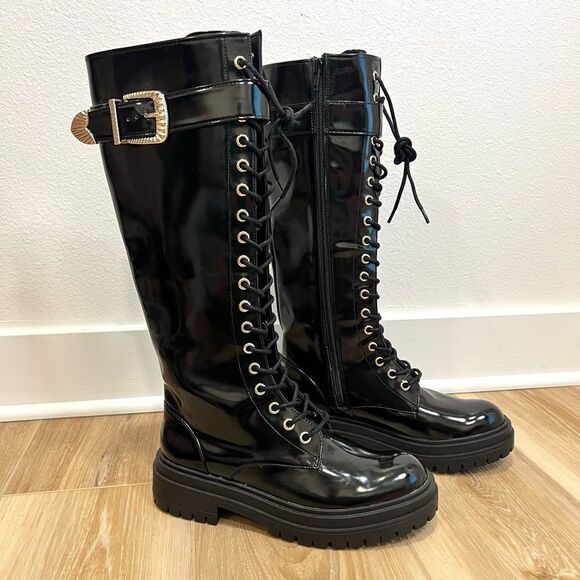 GIANNI BINI Skyscraper Black Lace Up Knee High Boot Size 6 - Picture 2 of 10